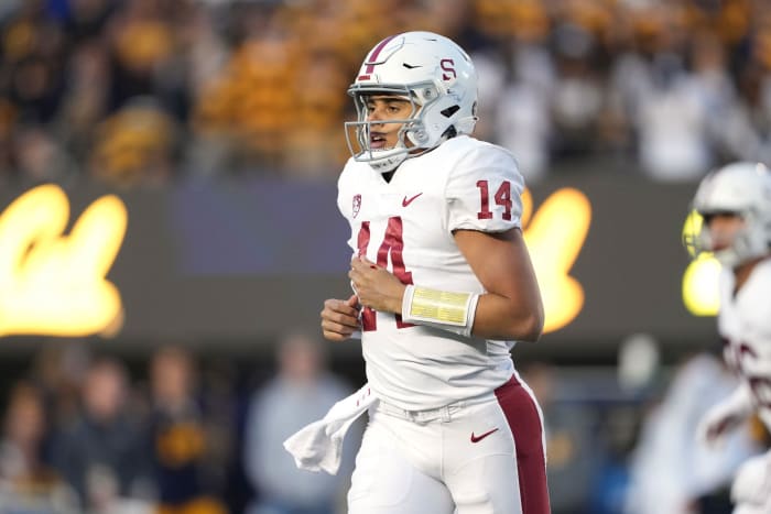 Nov 19, 2022; Berkeley, California, USA; Stanford Cardinal quarterback Ashton Daniels (14) jogs off the field during the third quarter against the California Golden Bears at FTX Field at California Memorial Stadium. Mandatory Credit: Darren Yamashita-USA TODAY Sports